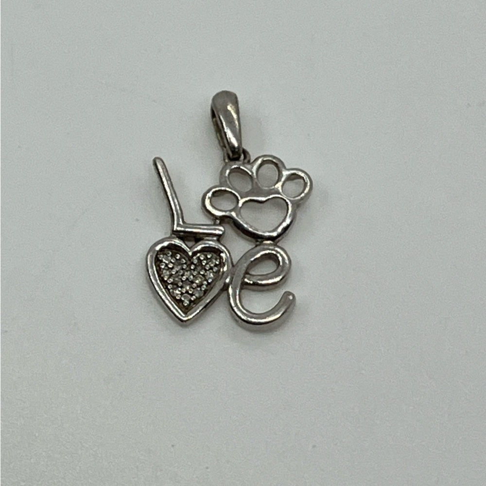 Vtg 925 Sterling Silver & Cz Paw Print ‘ Love ‘ Necklace Pendant